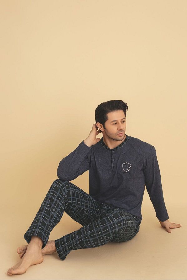Sude HOMEWEAR-Ercan Men's Bottom Fraced Top Collar Buttoned Dark Gray Pjm Tkm 1