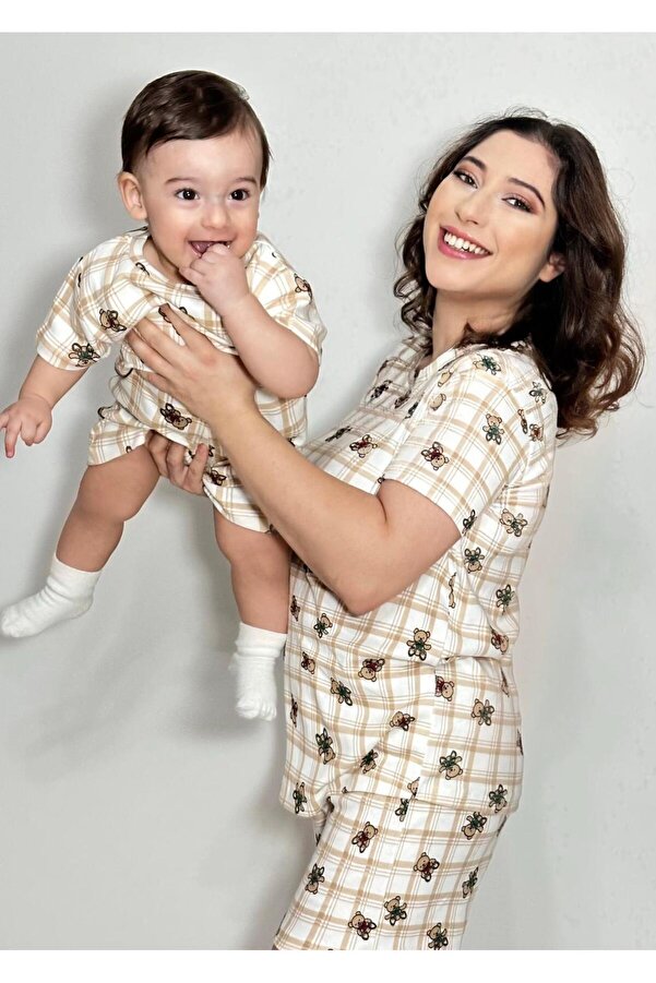 Drop Kids ANNE ÇOCUK KOMBİN PİJAMA TAKIMI EKOSE AYICIK DESEN KISAKOL ŞORT (Tek Tek Satılmaktadır)