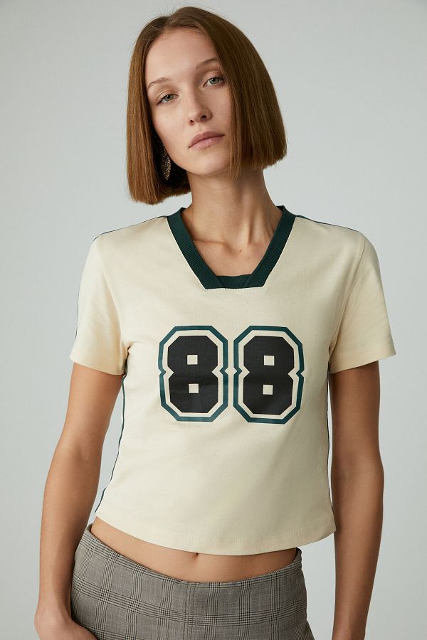 GRIMELANGE-Yeidy Women Slim Printed Short Sleeve Asymmetric Neck Beige T-Shirt 1
