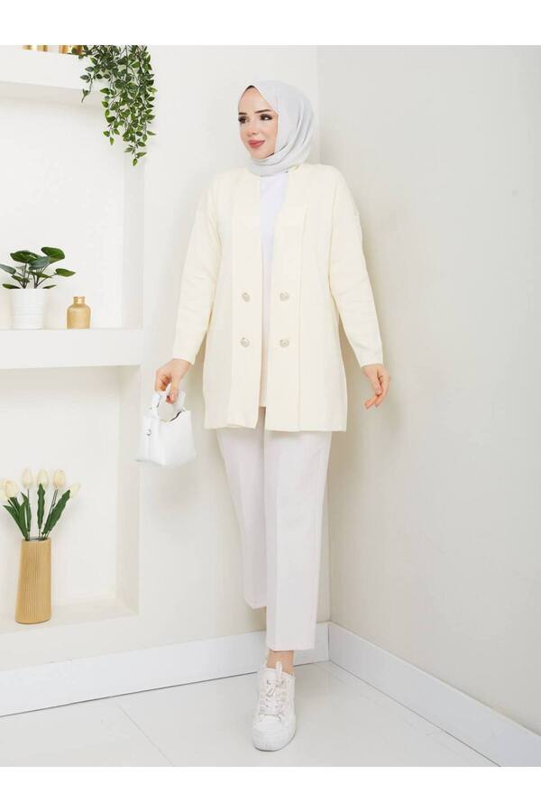QUAWEAR-Shawl Collar Metal Button Detailed Stretchy Mercerized Fabric Non-Closure Seasonal Jacket 1