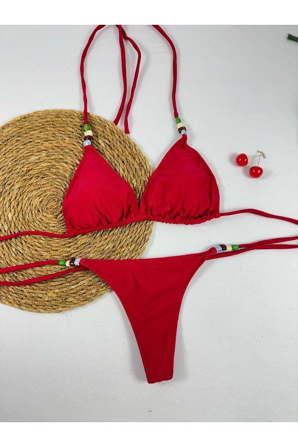 FUNELLA-Women's Red Bead Detailed Lycra String Bikini Set Stylish Drawstring Thong Bikini Set New Model 1