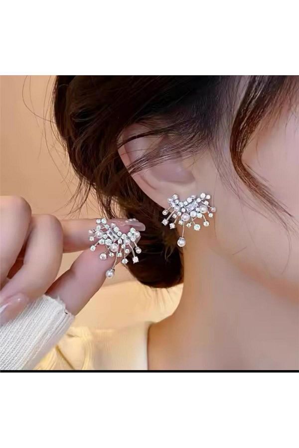 Pelin Aksesuar-Silver Pearl and Stone Evening Dress Earrings 1