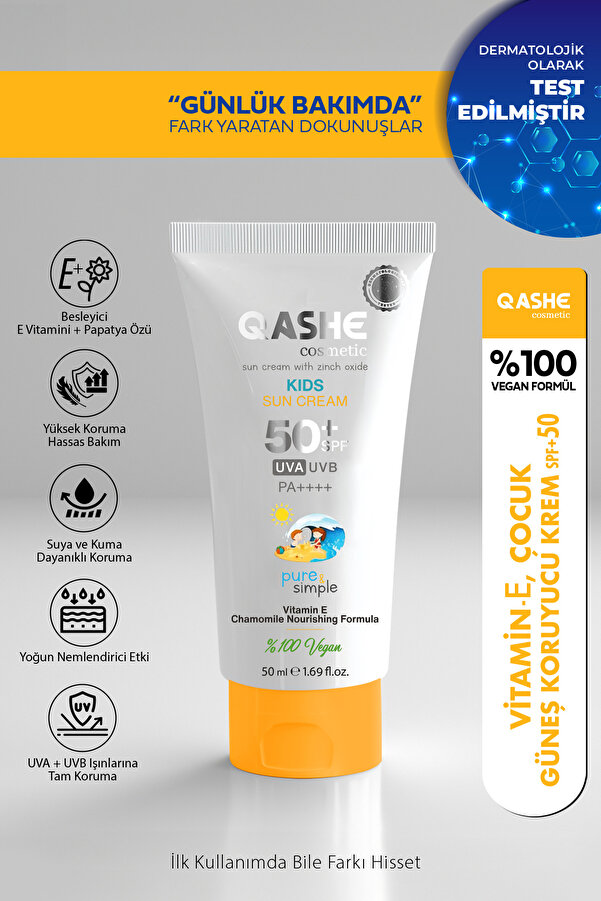 QASHE Cosmetic Çocuk Güneş Koruyucu Krem Spf 50 – E Vitamini & Papatya Özlü 50ml