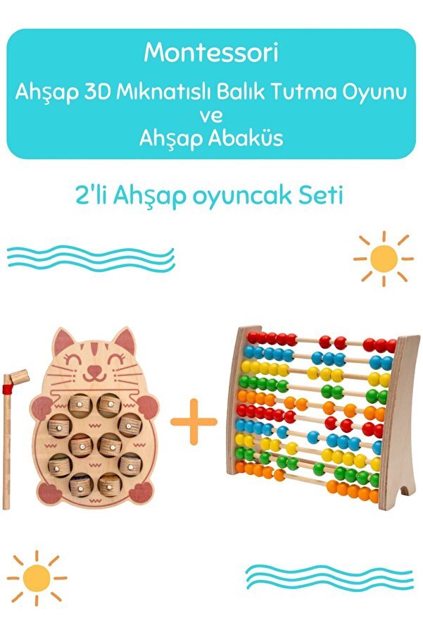 Hopiers Montessori 3 Boyutlu Ahşap  Balık Tutma Oyunu + Montessori Renkli Ahşap Abaküs / 2 Oyuncak Bir Arada
