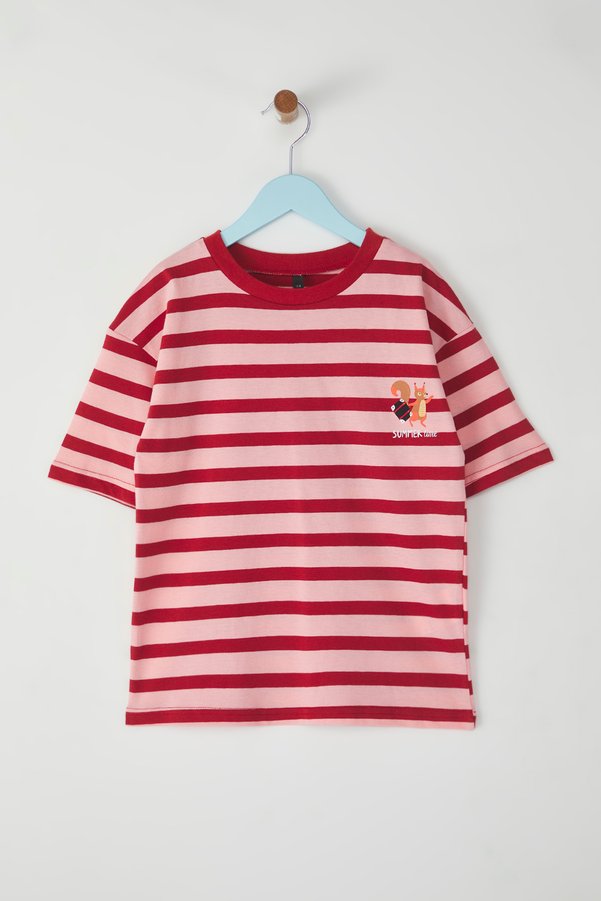 TRENDYOLKIDS Burgundy 100% Cotton Unisex Striped Printed Oversized Fit Short Sleeve Knitted T-Shirt TKDSS25TS00037