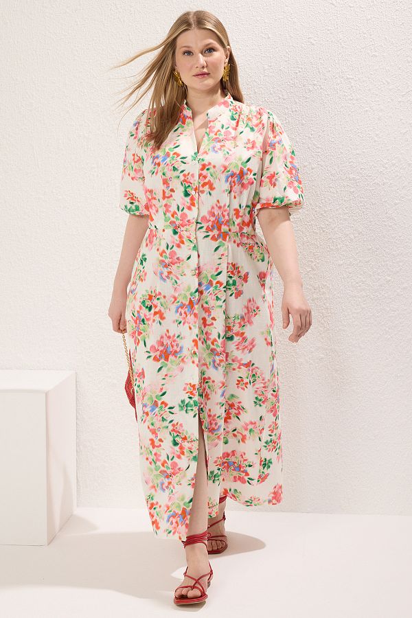 Trendyol Curve-Ecru Popeline gewebtes Kleid in Übergröße 1