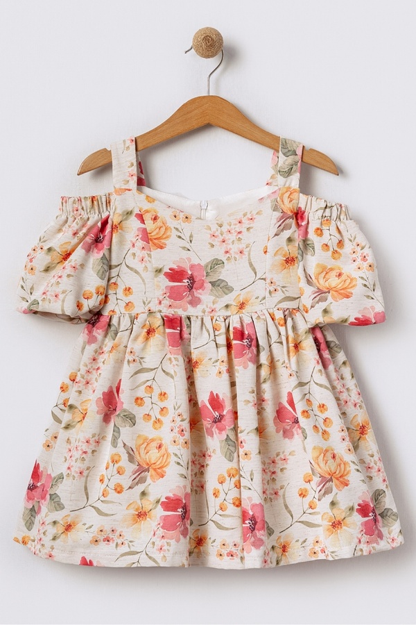 Bebüş-Off-The-Shoulder Rubber Detailed Thick Straps Flared Cutout Flower Print Girls' Dress 15662 1