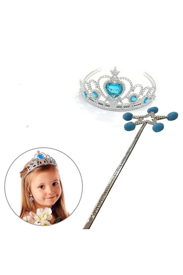 YNT İthalat-Heyf Blue Pompom Frozen Elsa Scepter and Blue Heart Stone Elsa Crown 1