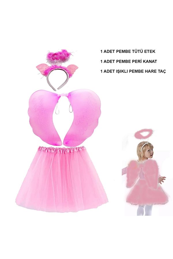 YNT İthalat-Heyf Children's Fairy Costume Pink - Fairy Wing Skirt Lighted Crown 3 Piece Costume Set 1
