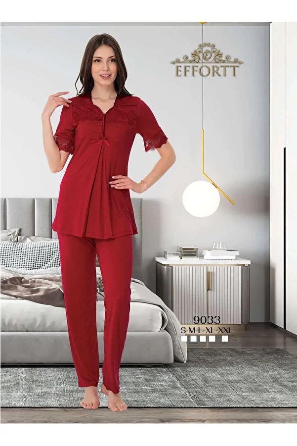 Maison Mila-Effortt Maternity and Maternity Pajamas Set Claret Red 1