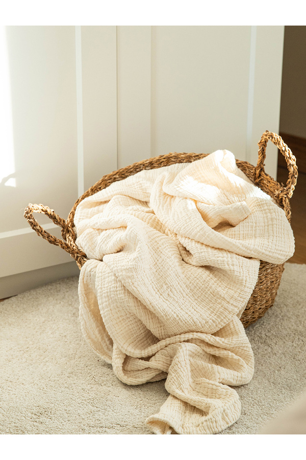 tinylamb Brighton Ekru Müslin 4 Katlı Müslin 100x110m %100 Pamuk Krem Renk Saçaklı Bebek Müslin Battaniye