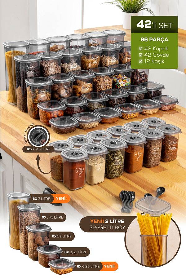 Vienev-42-Piece Anthracite Airtight Food and Spice Storage Container - Label with Spoon and Swivel Lid 1
