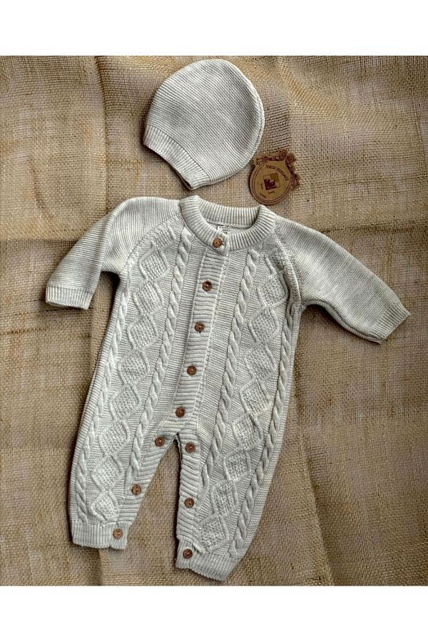 Bursa Trikomer-Button Detailed Knitwear Baby Romper with Hat 1