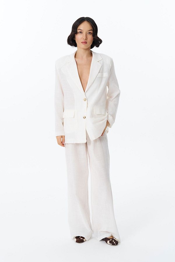 Quzu-Ecru Color - Loose Trousers with Lacing Detail and Elastic Waist 1