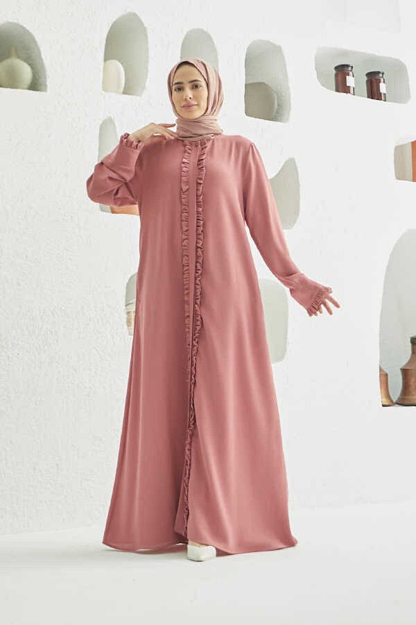 Neways-6607 Model Dusty Rose Ruffled Crepe Ferace 1