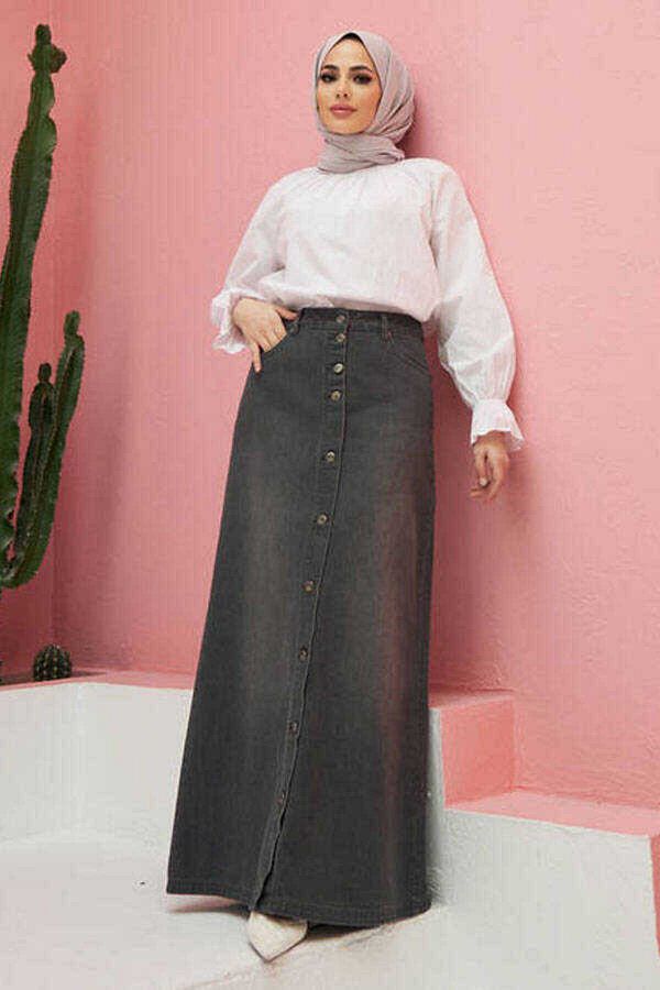 Neways 2079-Denim Buttoned Skirt Dark Gray- Trendyol