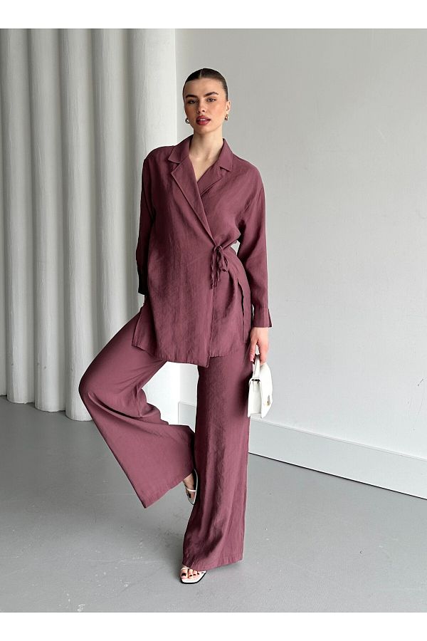 Laluvia-Dusty Rose Kragen-Kimono-Set mit detaillierter Schnürung – 8459 1