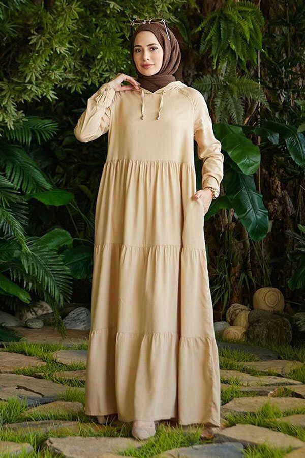 Neways-Beige 6531-Denim Hooded Paint Piece Dress 1