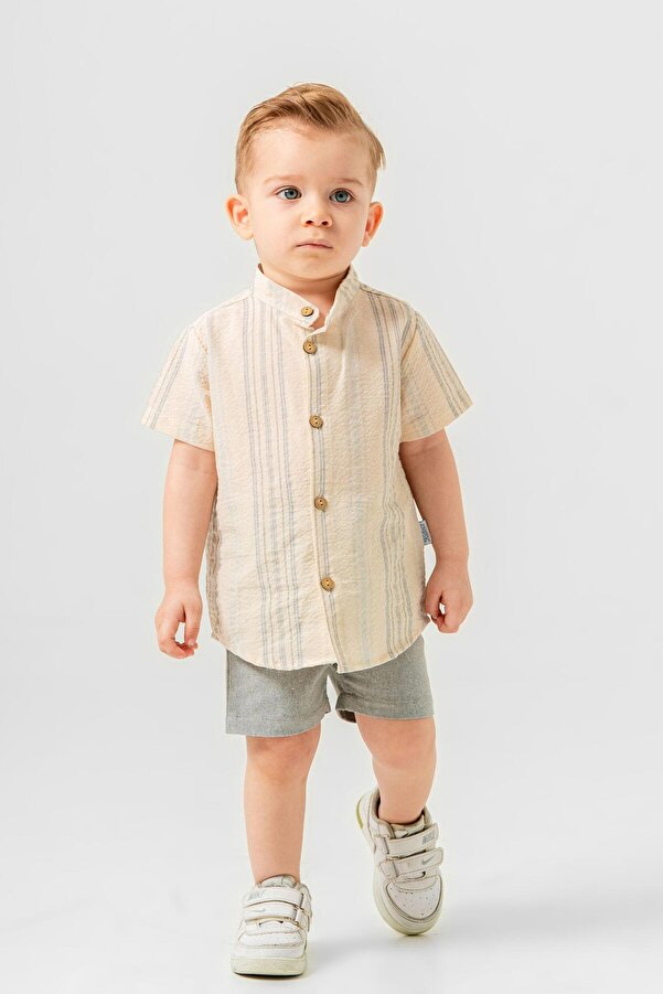 Chicsy Baby Tarz Gömlek Çizgi Desenli Belden Ayarlanabilir Kısa Kollu Şortlu 2'li Takım Çocuk ve Bebek Giyim Öze