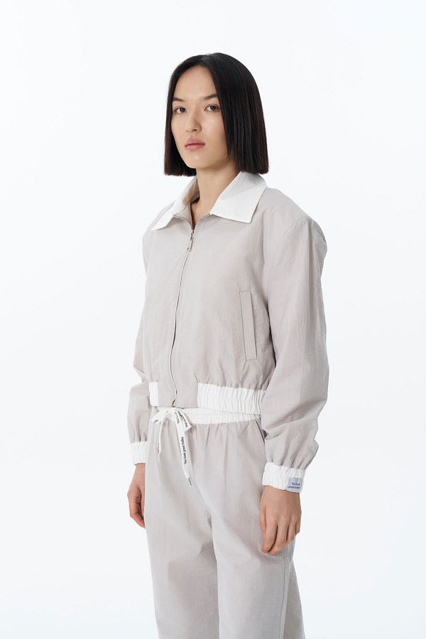 Quzu-Gray Bomber Jacket - Color Block and Elastic Waist 1