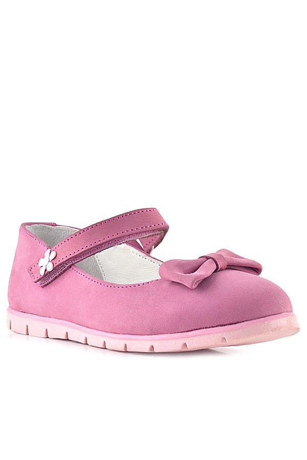 Rakerplus-Genuine Leather Pink Bow Flower Detailed Velcro Girls' Ballerinas 1