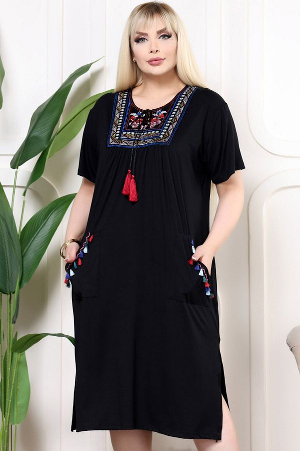Kheos-Rochie midi cu șireturi cu ciucuri cu decolteu rotund și broderie - Potrivire confortabilă în linie A 1