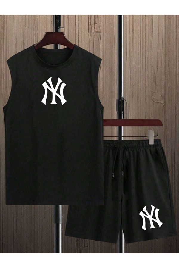 Boi-Men's Zero Sleeve Combination Bottom Top Set - Black and White Sleeveless Oversize Printed Set 1