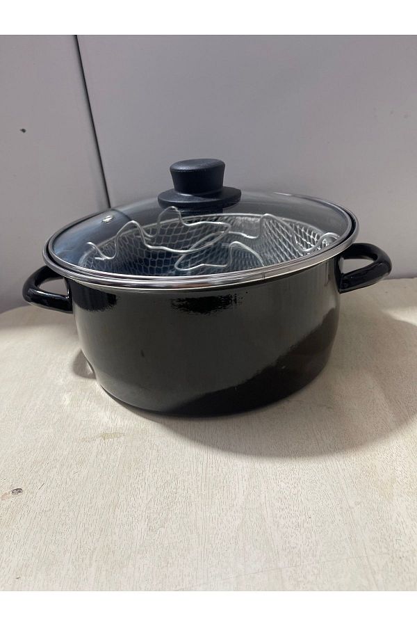 Essen-Enamel 24cm Chips Fryer Frying Pot with Patterned Glass Lid and Strainer 1