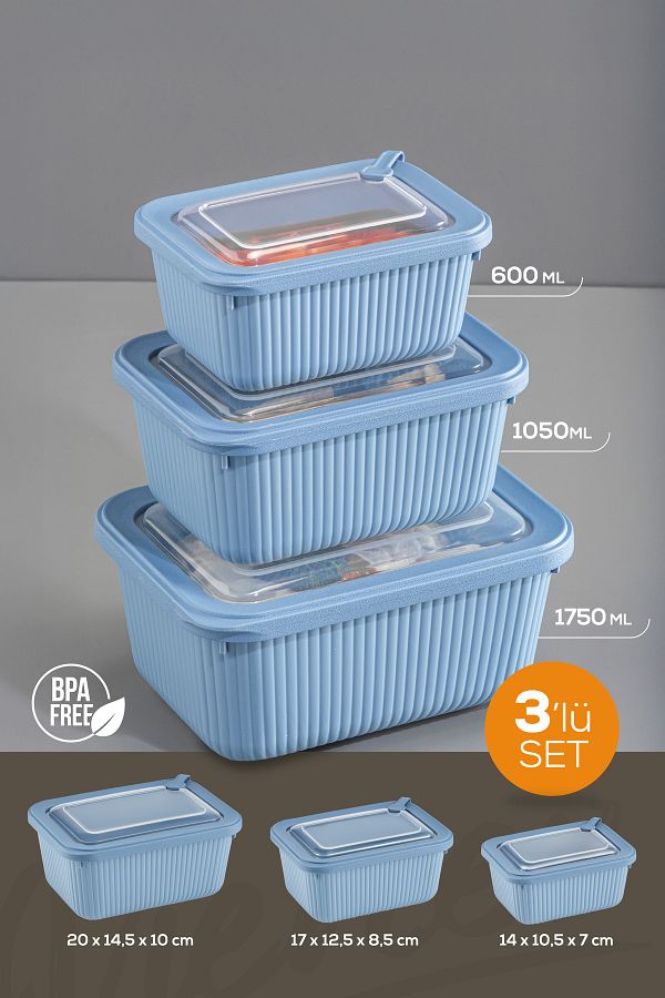 Vienev-Blue 3-Piece Vip Rectangular Microwave & Diffuse Suitable 3-Piece Diaper Set 1750/1050/600 ml 1
