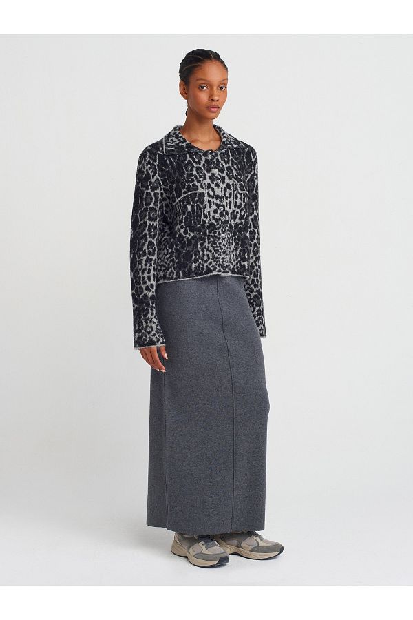Dilvin-Cardigan din tricot leopard cu nasturi cu gât polo 1