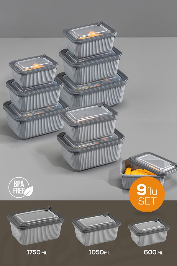 Vienev-9-Piece Vip Rectangular Microwave and Diffracted Suitable Storage Container Set Gray 3X(1750,1050,600 ml) 1