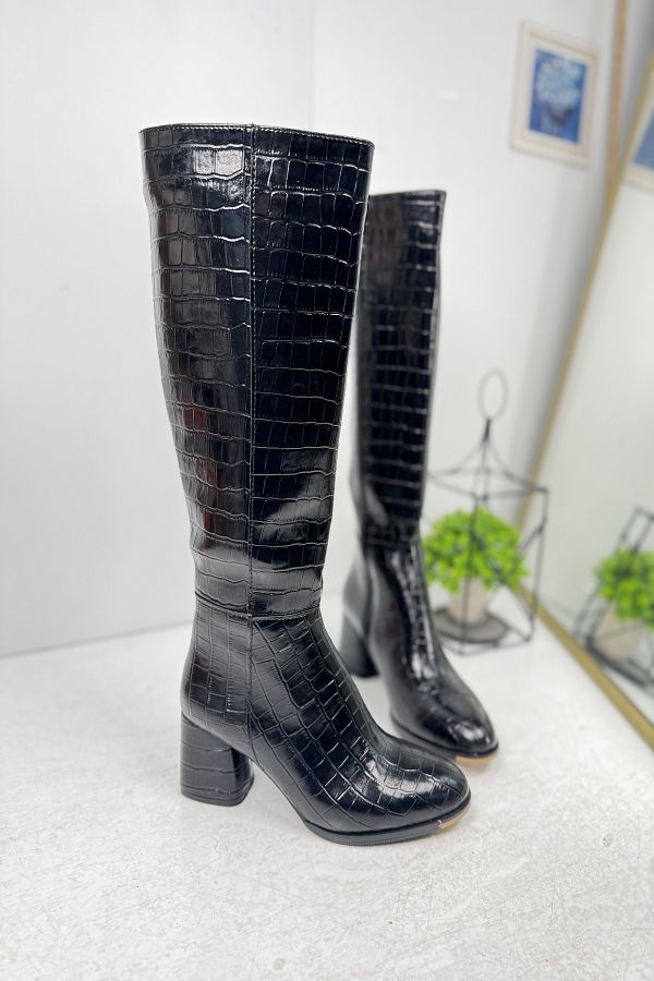 İmerShoes-Cizme până la gambe cu fermoar, cu model de crocodil negru, cu toc înalt și gros - 3001 1
