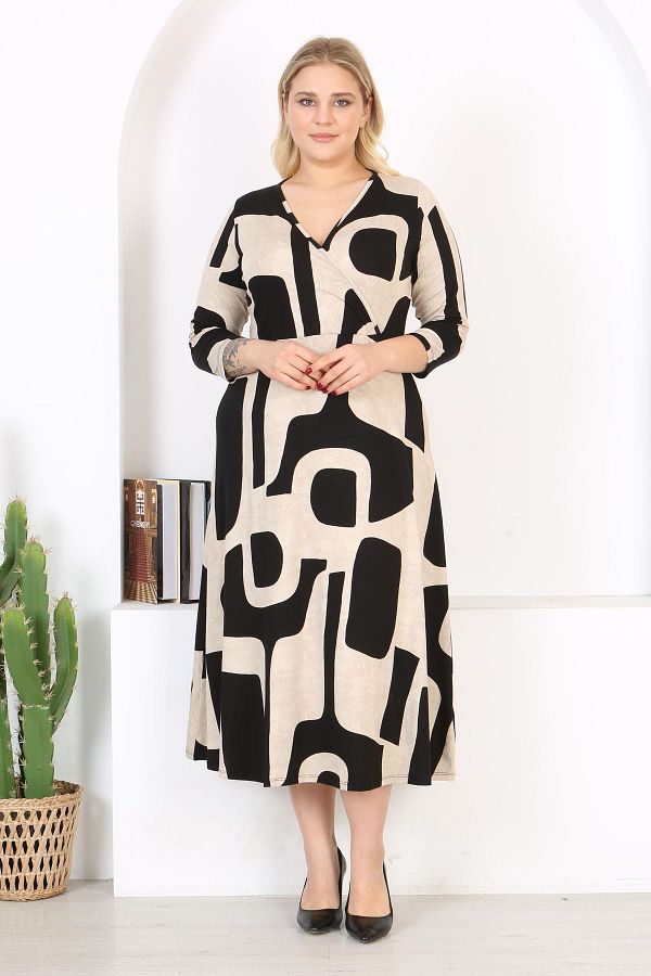 Mooi XXL-Rochie maxi de damă, negru, bej, cu imprimeu asimetric, cu mânecă lungă, cu rever dublu 1