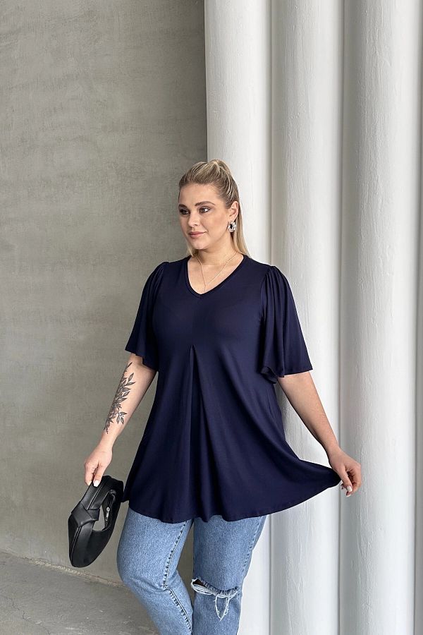Stil Diva-Plus Size V-Neck Patternless Asymmetrical Cutout Lycra Blouse Mdl-6 1