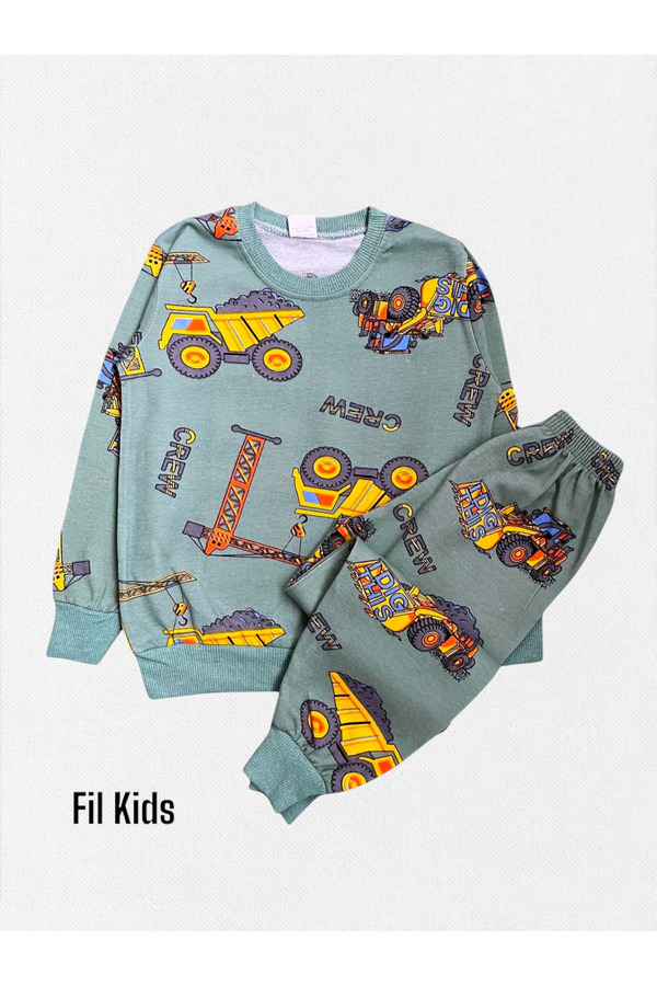 Fil Kids Erkek Çocuk %100 Pamuklu Yeşil İş Makinesi Kepçe Desenli Uzun Kollu Mevsimlik Pijama Takımı