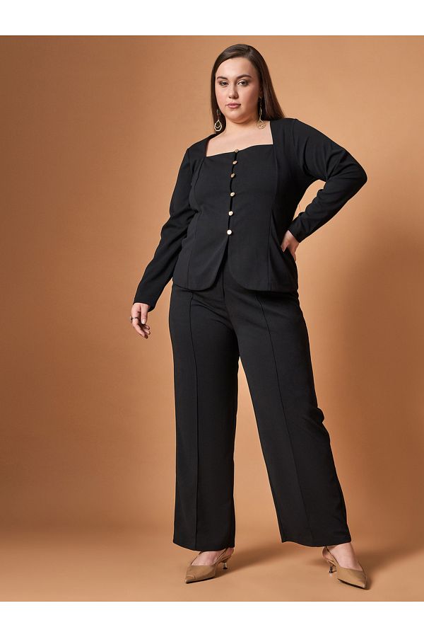 Sassafras By Styli-Plus Size Solid Front Button Top and Straight Pants Set 1