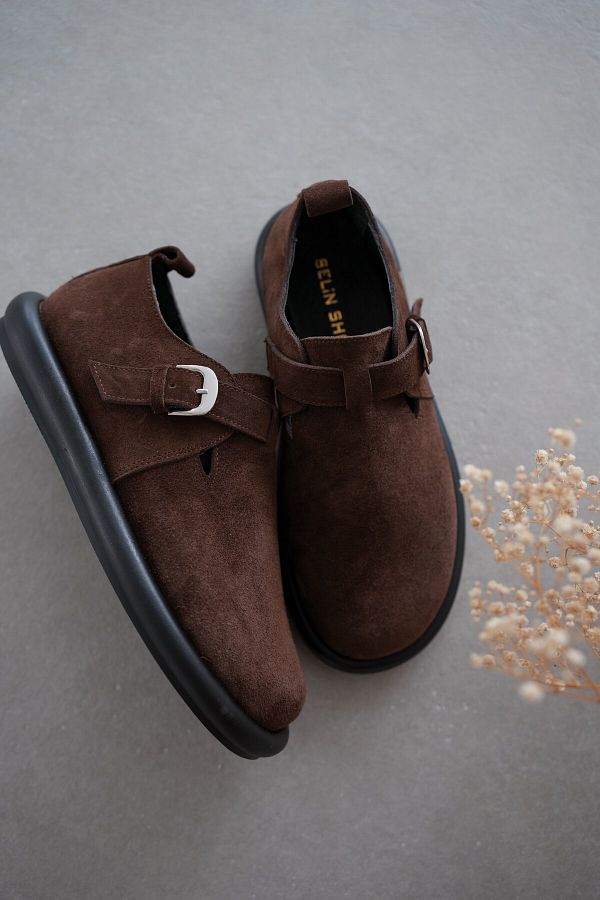 selinshoes-Loafer de damă din piele naturală Frex - vârf oval, detaliu cu cataramă, piele de căprioară maro 1