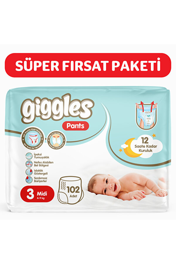 giggles Pants Külotlu Bebek Bezi 3 Numara Midi 102 Adet