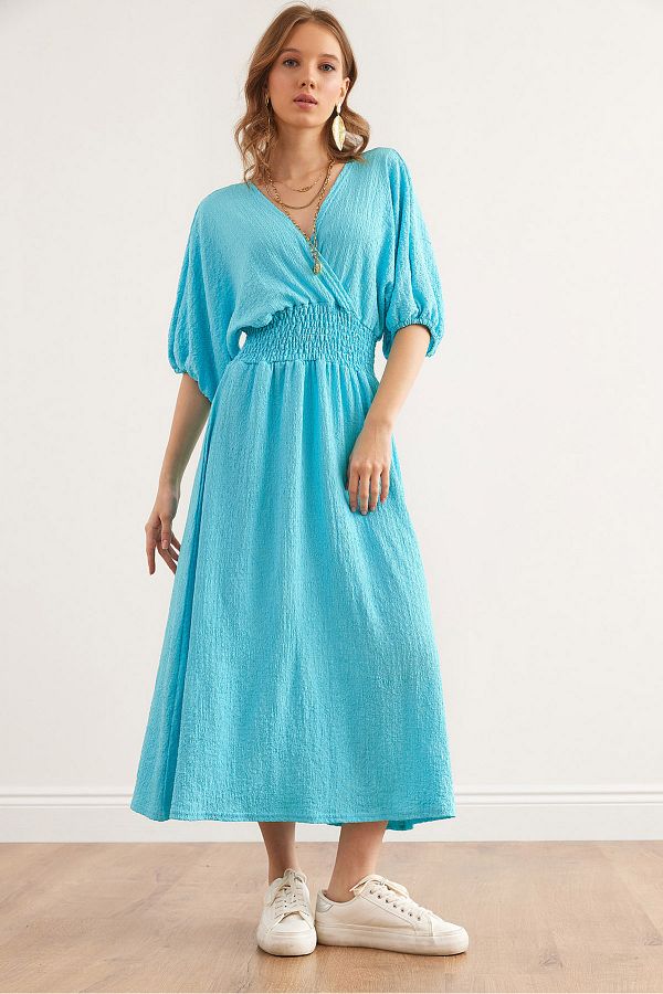 Olalook-Rochie midi pentru femei, uni, albastru deschis în talie, cu rever dublu, ELB- 19002100 1