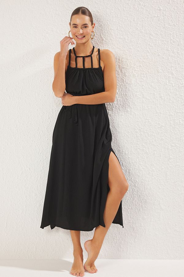 Trendyol Collection-Schwarzes, gewebtes Strandkleid mit Maxi-Schärpe – 100 % Baumwolle TBESS23EL00070 1