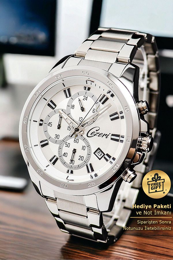 Cezeri-men's White Silver Wristwatch - with Calendar and Chronometer 1