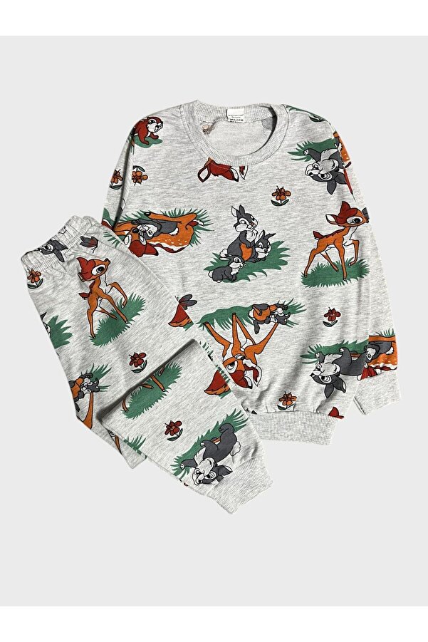 Genel Markalar Kız Çocuk Pamuklu Gri Geyik Tavşan Desenli Uzun Kollu Mevsimlik Pijama Takımı