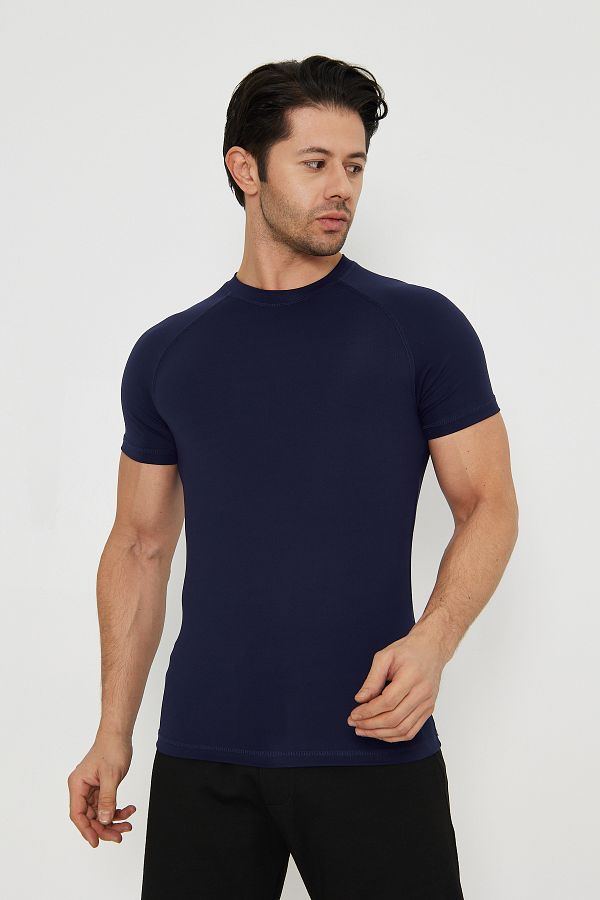 WUCHT-Men's Navy Blue Sleeves Slim Fit Compression Gym Fitness Sports T-Shirt 1