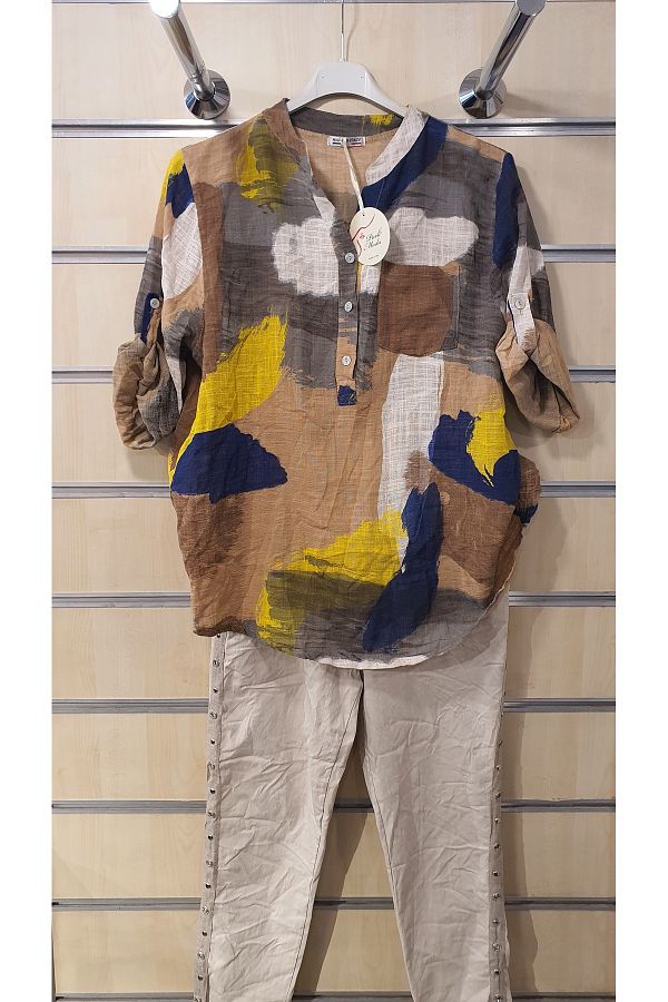 Park Moda-Patchwork Pattern 3 Button Linen Shirt 1