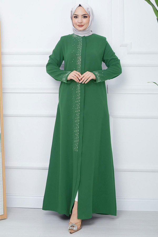 hafsamina-Plus Size Green Ferace - Luminous Stone Detail Hm2351 1
