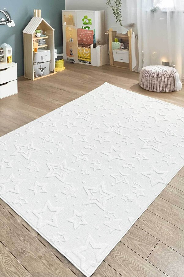 Decomia Home Stary Premium Puffy Peluş Kendinden Desenli Yıldızlı Kaymaz Taban Çocuk Halısı Oyun Halısı