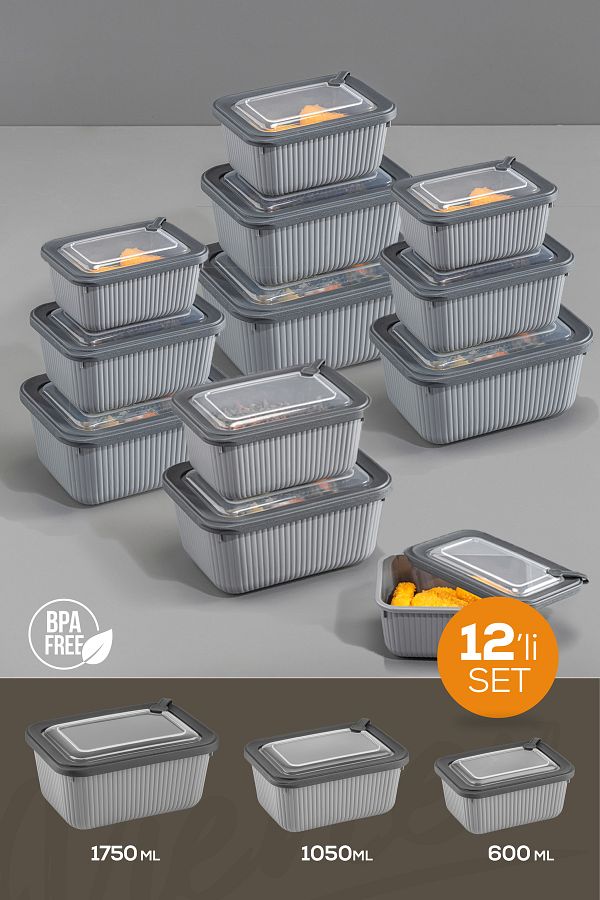 Vienev-Set of 12 Vip Rectangular Microwave and Diffracted Suitable Storage Containers Gray 4X(1750,1050,600 ml) 1