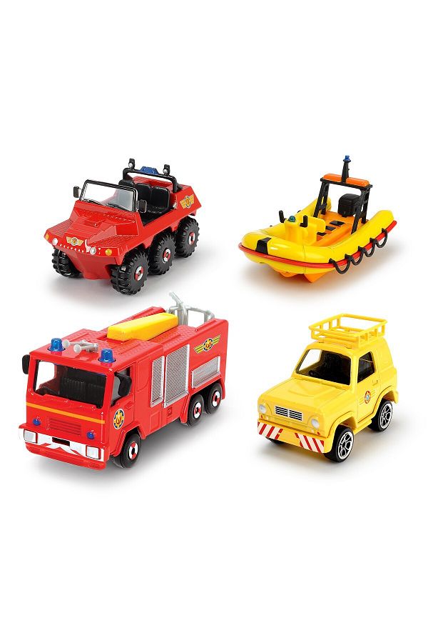 Simba-FIREMAN SAM SET OF 4 METAL VEHICLES WITH BOAT 1:64 SCALE 1