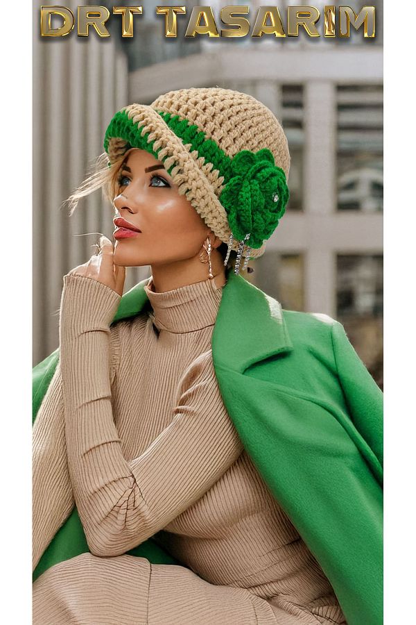 drt tasarım-Green Beret - Mocha Mousse Design, Large Floral Hand Knitted Crochet 1