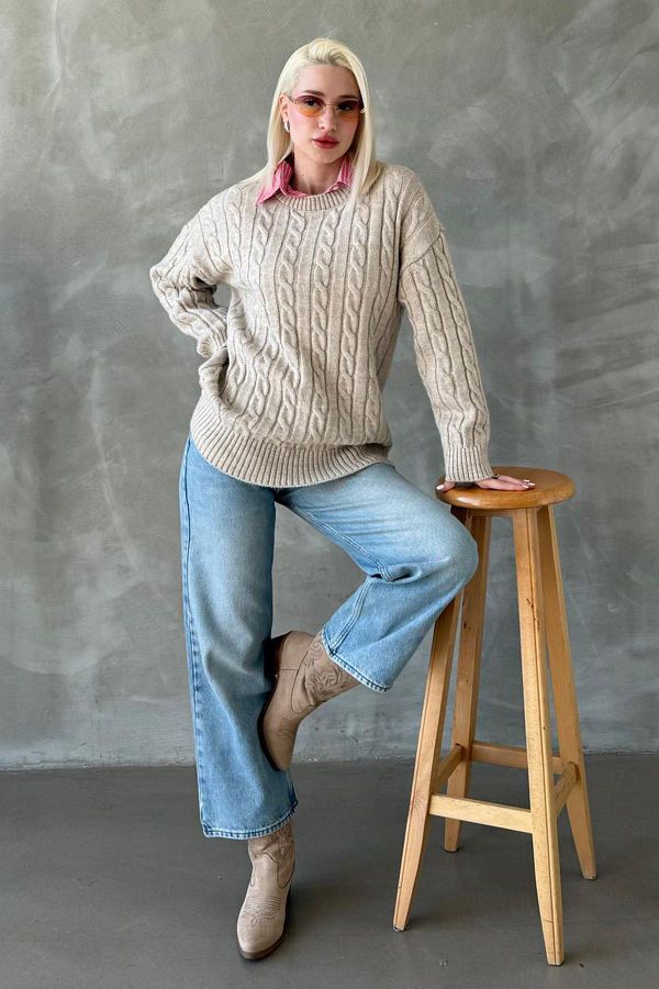 Madmext-Beige Crew Neck Braided Knitwear Sweater Mg2336 1